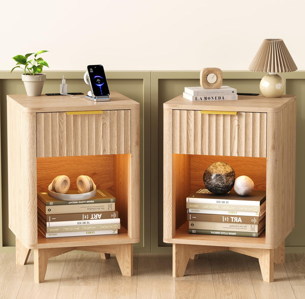 Fluted Nightstand with Charging Station & LED Light