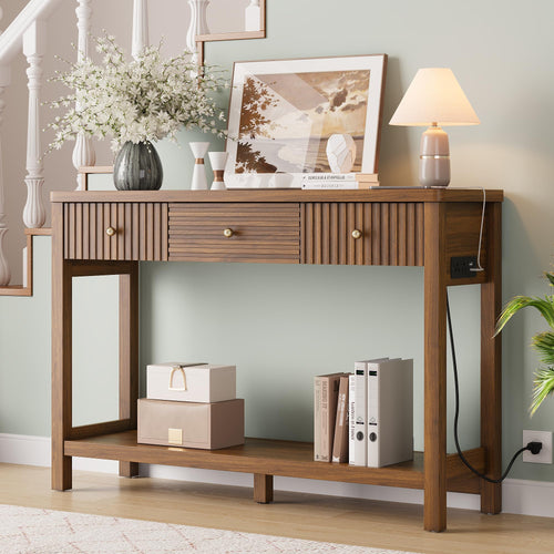 47-Inch Console Table with Charging Station, 3 Drawers & Open Shelf