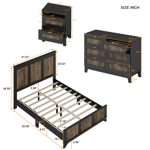 Queen Bedroom Set – Platform Bed, Dresser & 2 Nightstands