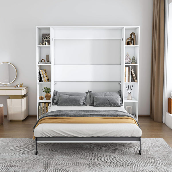 Queen Murphy Bed with Storage Cabinet – White