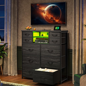 10-Drawer Dresser with LED Lights & Power Outlets – Fabric Chest of Drawers