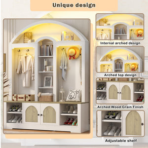 77" Arched Hall Tree with Bench, LED Lights & Shoe Storage