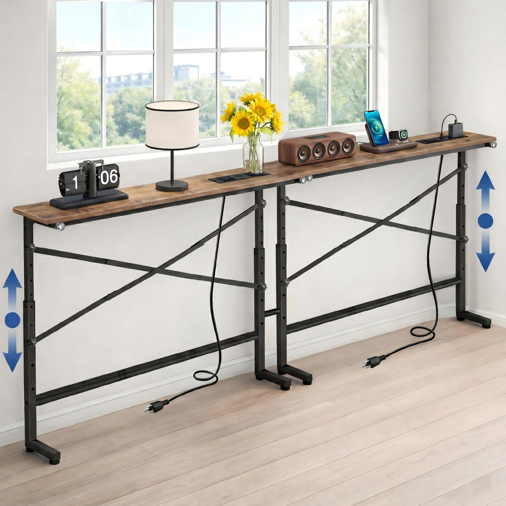 Skinny Console Sofa Table with Charging Station, Adjustable Height, 2-Pack (78.8")