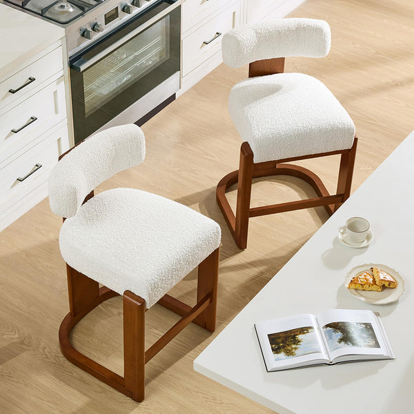 Modern Boucle Counter Height Bar Stools Set of 2 with Wood Legs