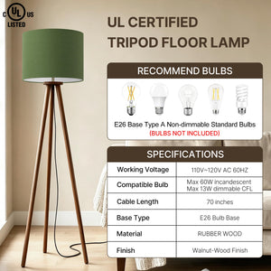 Rubberwood Tripod Floor Lamp — 60.6", 15.7" Linen Shade, Walnut Finish, E26