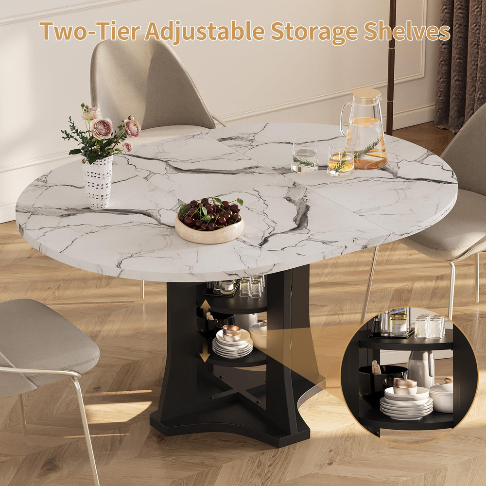 Expandable Round to Oval Dining Table with 2-Tier Storage Shelves