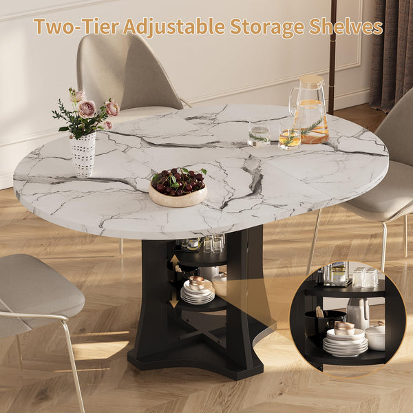 Expandable Round to Oval Dining Table with 2-Tier Storage Shelves