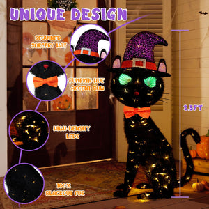 3.5 ft Pre-Lit Black Cat Halloween Decoration with Flashing Infinity Eyes & Witch Hat