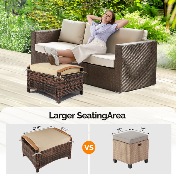 Outdoor Wicker Ottoman Set of 2 with Removable Cushions