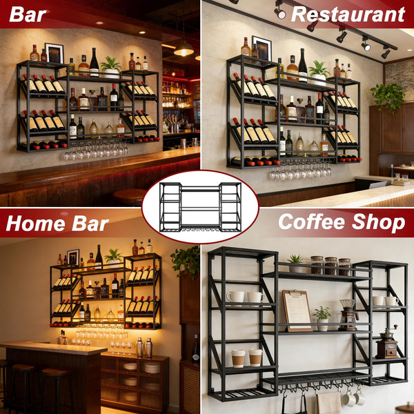 Wall Mounted Wine Rack with Glass Holder & Floating Bar Shelves