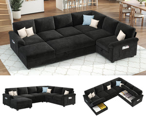 105" Sectional Sleeper Sofa with Pull-Out Bed & Reclining Backrest, 6-Seat Storage Couch