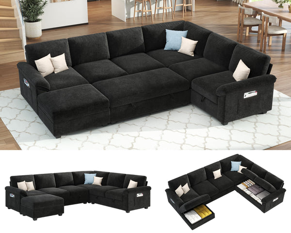 105" Sectional Sleeper Sofa with Pull-Out Bed & Reclining Backrest, 6-Seat Storage Couch