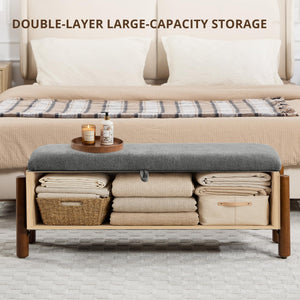 Storage Ottoman Bench with Walnut Legs – 43.7" Upholstered Bedroom Bench