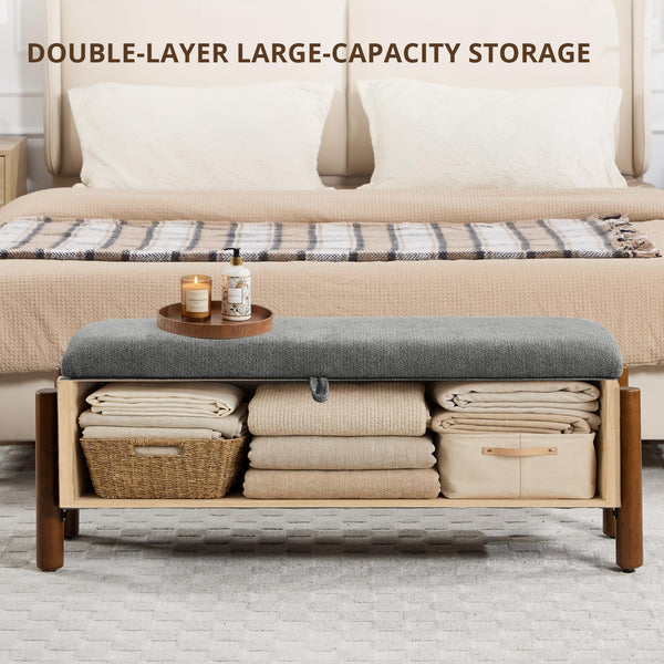 Storage Ottoman Bench with Walnut Legs – 43.7" Upholstered Bedroom Bench
