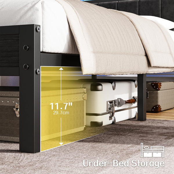 King Bed Frame with LED Lights & Charging Station