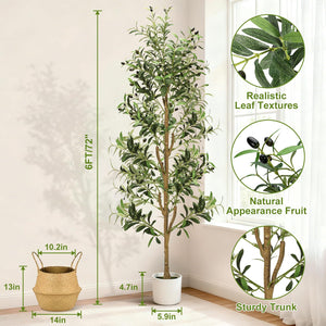 Faux Olive Tree – 6ft & 7ft Indoor Artificial Tree with Planter, Basket & Lights