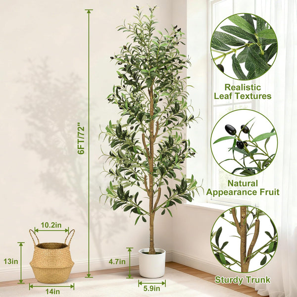 Faux Olive Tree – 6ft & 7ft Indoor Artificial Tree with Planter, Basket & Lights