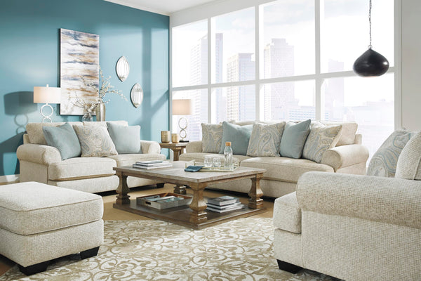 Beige Chenille Loveseat with Accent Pillows & Rolled Arms