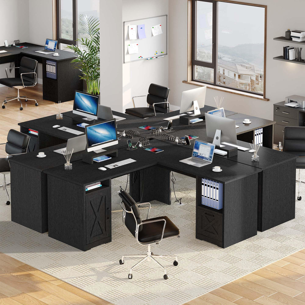 L-Shaped Desk with Power Outlets, File Drawer & Monitor Stand
