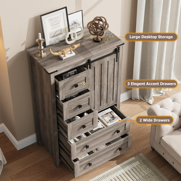 Farmhouse 5-Drawer Dresser with Sliding Barn Door