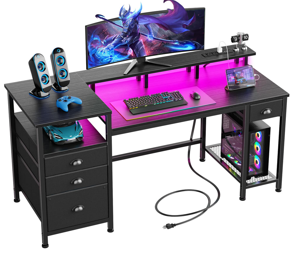 60-Inch Computer Desk with LED Lights, USB Charging, File Cabinet & Monitor Stand