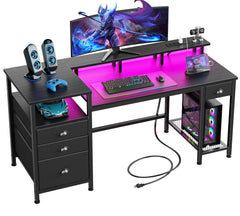 60-Inch Computer Desk with LED Lights, USB Charging, File Cabinet & Monitor Stand