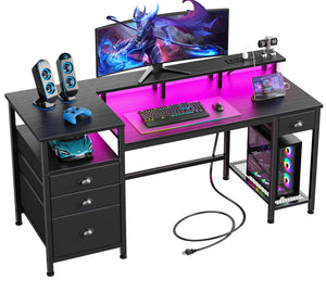 60-Inch Computer Desk with LED Lights, USB Charging, File Cabinet & Monitor Stand