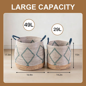 Seagrass Storage Basket Set of 4 – 2 Round & 2 Square Woven Bins with Handles