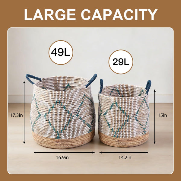 Seagrass Storage Basket Set of 4 – 2 Round & 2 Square Woven Bins with Handles