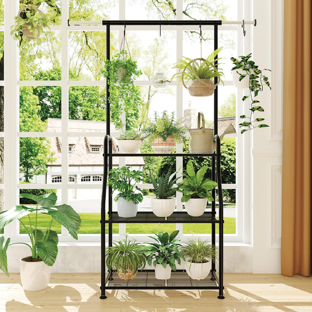 3-Tier Metal Plant Stand with Expandable Hanging Rod