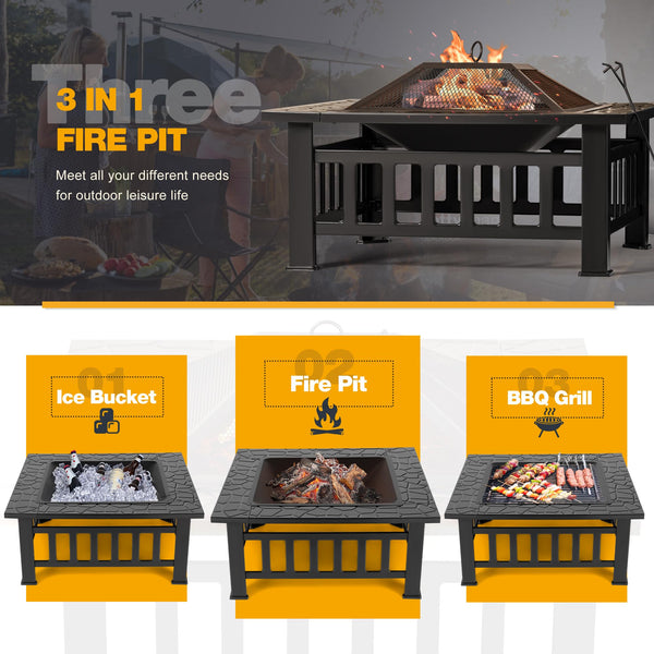 32-Inch Square Outdoor Fire Pit Table with Waterproof Cover