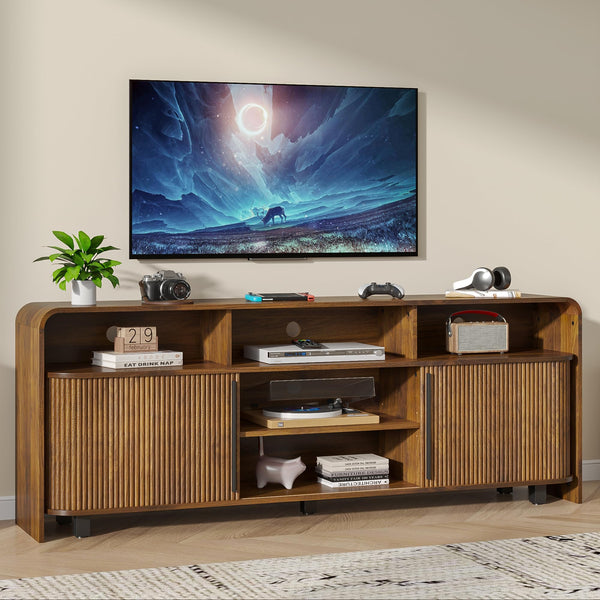 Fluted TV Stand with Sliding Doors & Adjustable Shelves