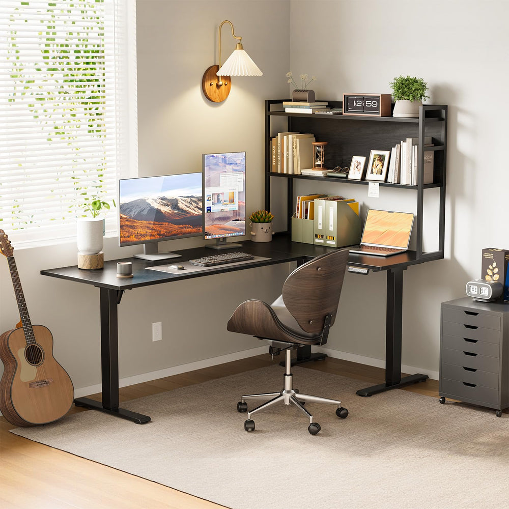 L-Shaped Electric Standing Desk 63 Inch with Storage Shelf