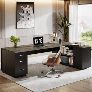 L-Shaped Executive Office Desk with File Drawers & Storage Cabinet