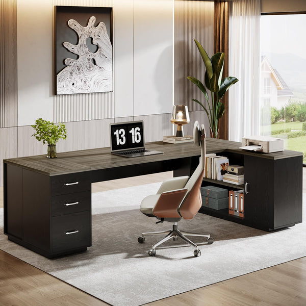 L-Shaped Executive Office Desk with File Drawers & Storage Cabinet