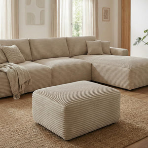 L-Shaped Sectional Sofa with Ottoman – Beige Plush