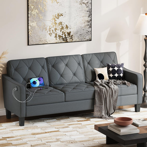 3-Seater Tufted Sofa – Linen Upholstered Couch for Living Room