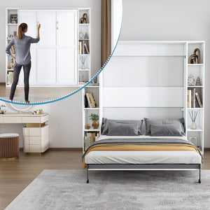 Queen Murphy Bed with Storage Cabinet – White
