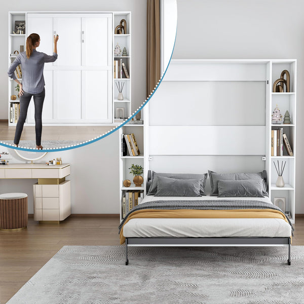 Queen Murphy Bed with Storage Cabinet – White
