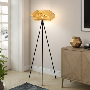 Bamboo Tripod Floor Lamp with Handwoven Lotus Shade