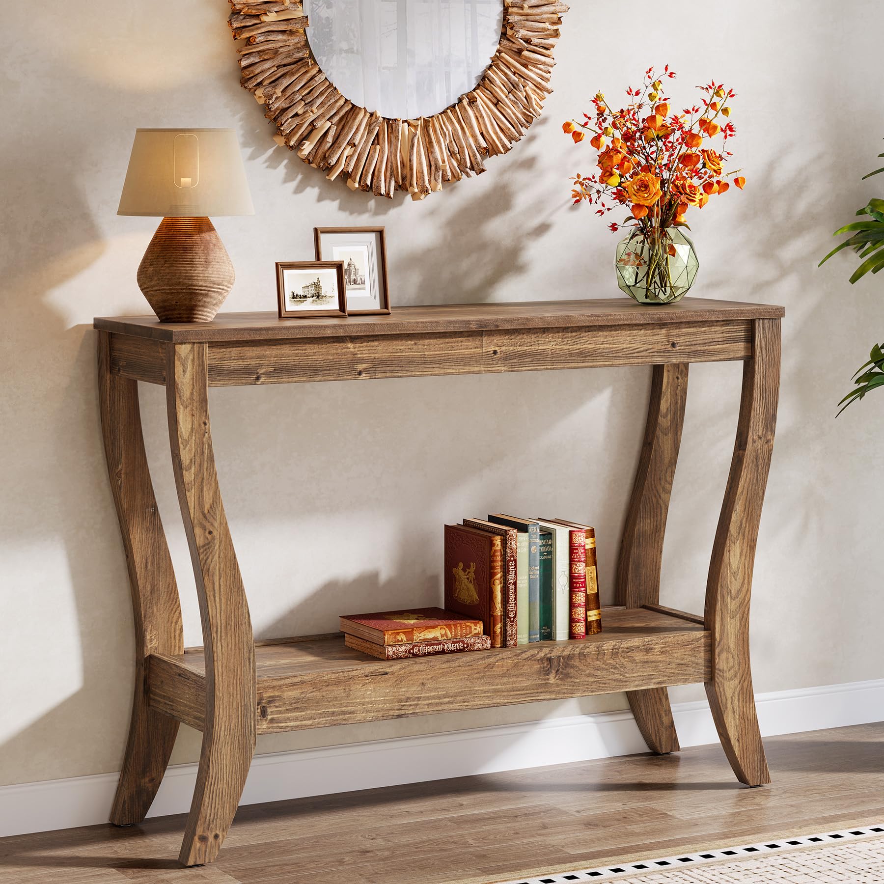 Solid Wood Farmhouse Console Table with 2-Tier Shelf | Entryway & Sofa ...
