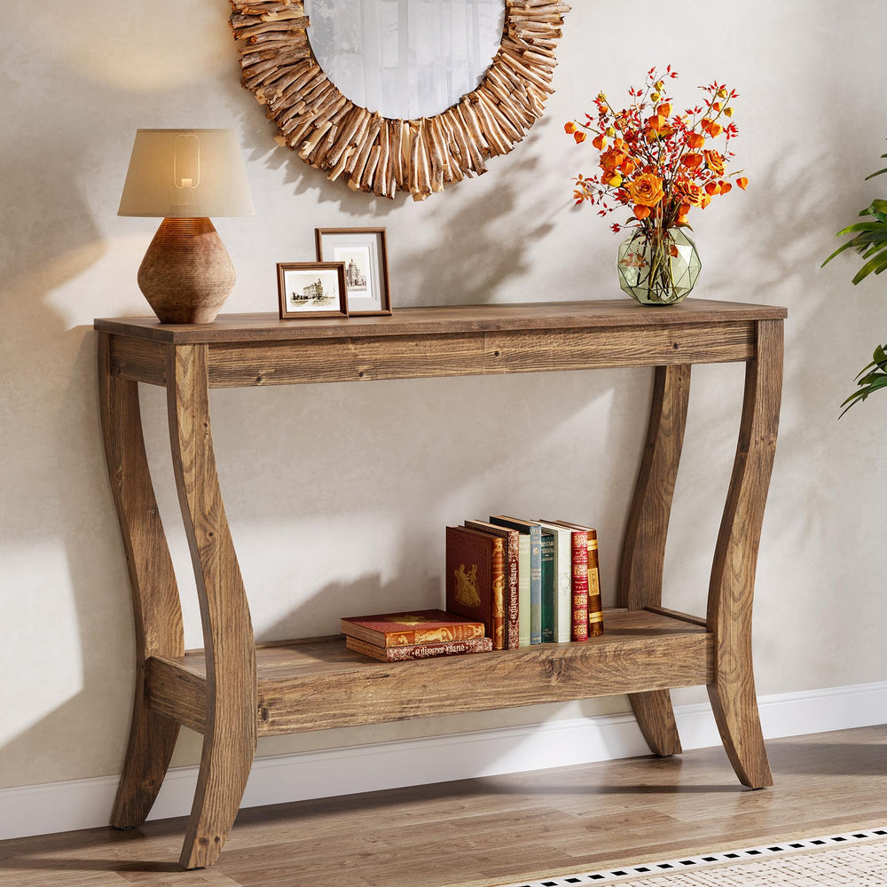 Solid Wood Farmhouse Console Table with 2-Tier Shelf