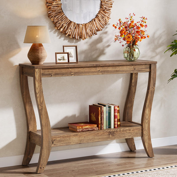 Solid Wood Farmhouse Console Table with 2-Tier Shelf