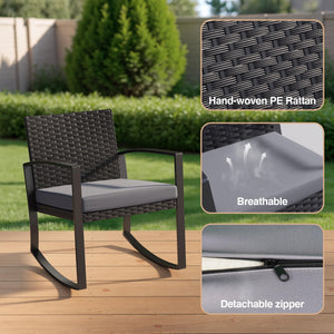 3-Piece Outdoor Rattan Rocking Bistro Set with Coffee Table