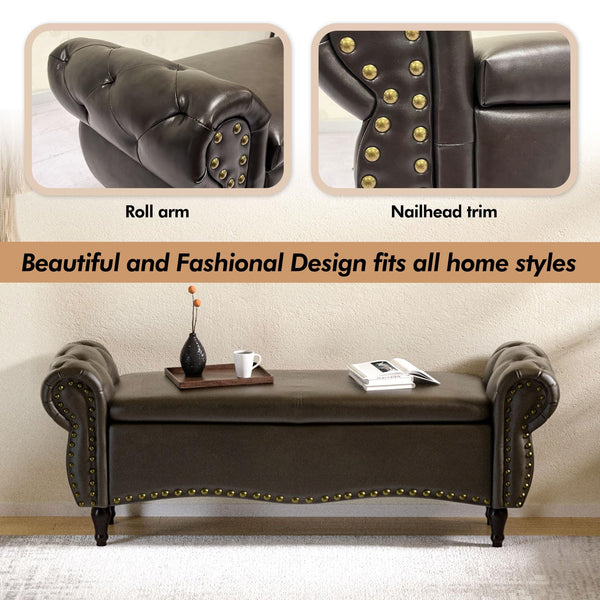 Upholstered Storage Ottoman Bench with Rolled Arms & Nailhead Trim