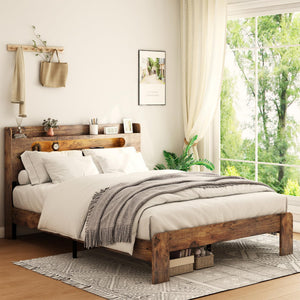 Queen Platform Bed Frame with Storage Headboard, LED Lights & Charging Station, Dark Brown