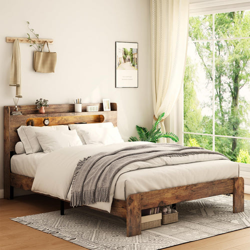 Queen Platform Bed Frame with Storage Headboard, LED Lights & Charging Station, Dark Brown