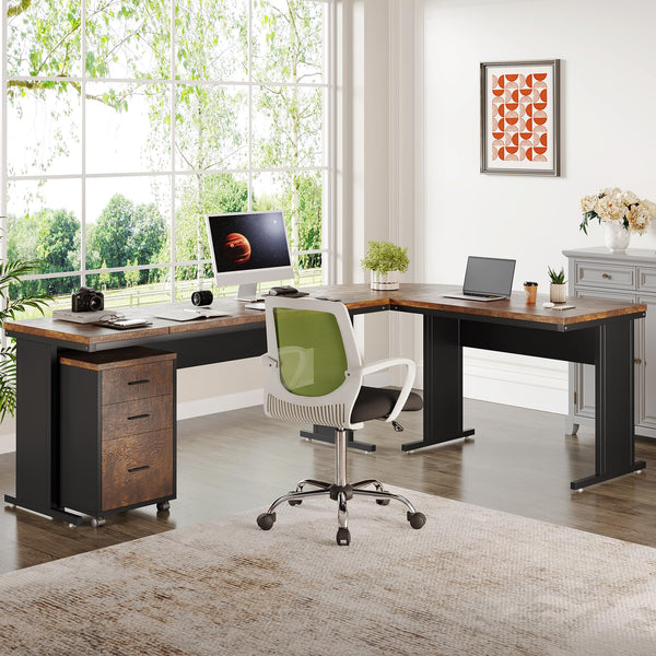 L-Shaped Executive Desk with Drawers & Rolling File Cabinet – 83 Inch Industrial Corner Office Desk