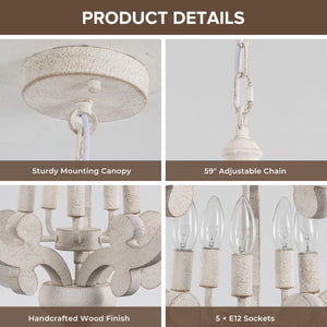 5-Light Farmhouse Chandelier – Distressed White, Rustic Wood, Adjustable Height