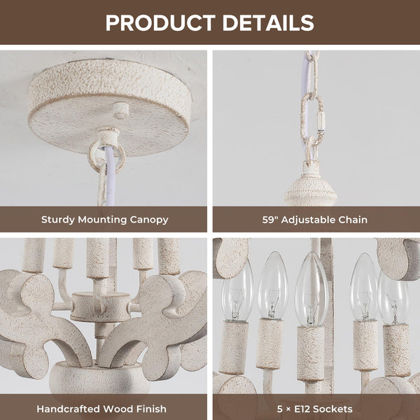 5-Light Farmhouse Chandelier – Distressed White, Rustic Wood, Adjustable Height